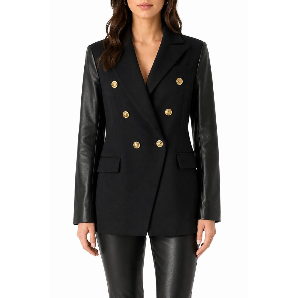 Generation Love Enzo Leather Sleeve Blazer Black Gold Button Jacket M